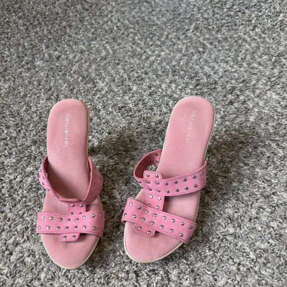 Naturalizer Vtg Y2K Clog Heels Sandals Pink Leather Studs Size 7 M Strappy - Picture 8 of 11
